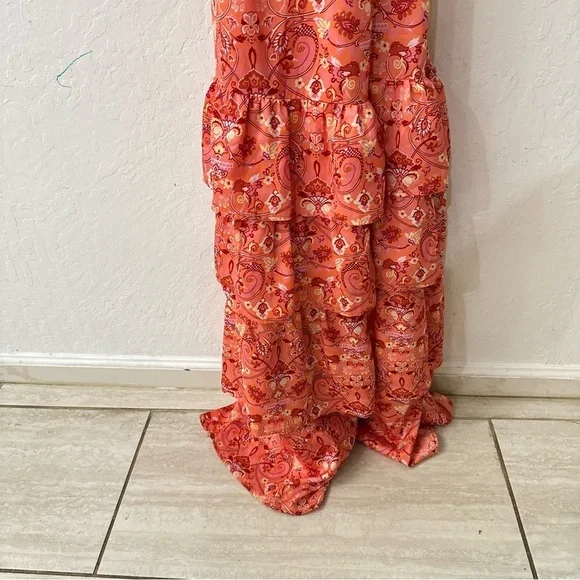Outerknown Pink Orange Ruffle Tier High Neck Split Strap Maxi Dress Floral Sz 2 - Picture 8 of 8